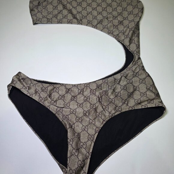 Gucci GG Monogram One-Shoulder Cutout Swimsuit Brown Designer - Picture 3 of 5